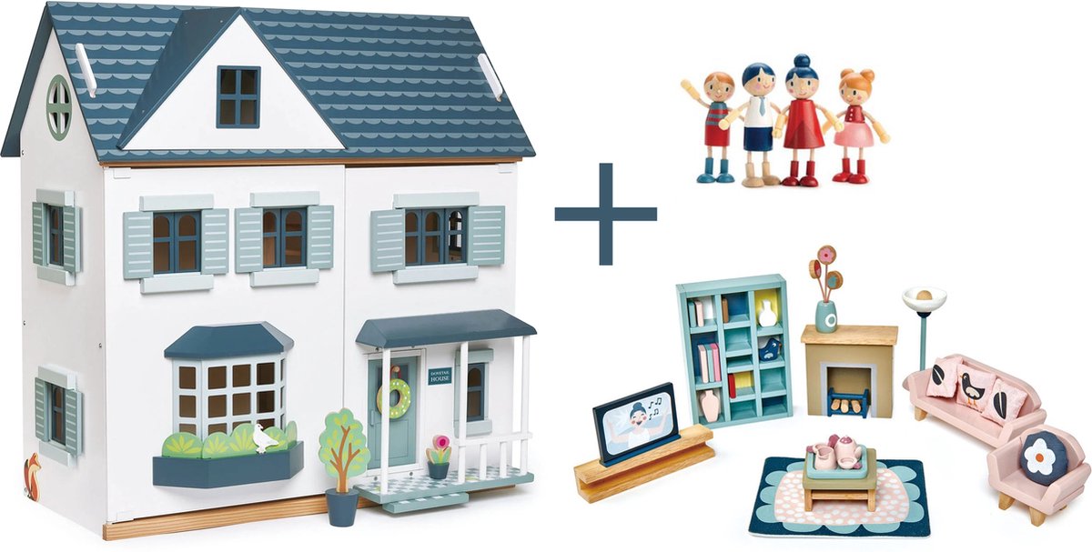 [B] Tender Leaf uniek houten poppenhuis Dovetail XL in neutrale kleuren inclusief houten poppen familie plus woonkamer houten meubeltjes 8 stuks - 68 x 70 cm